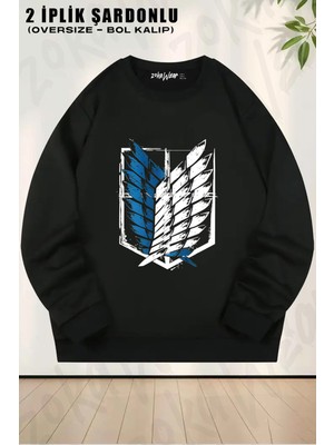 Unisex Bol Kalıp Attack On Titan Semboller Anime Baskılı Tasarım Oversize Bisiklet Yaka Sweatshirt