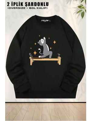 Unisex Bol Kalıp Reformer Pilates Spor Kedi Baskılı Tasarım Oversize Bisiklet Yaka Sweatshirt