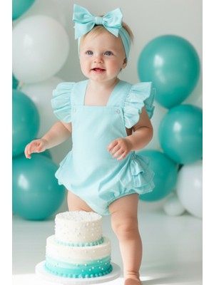 Parla Kids Kız Bebek Mint Pamuklu Salopet Bandana Takım