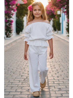 Parla Kids Kız Çocuk Gloria Beyaz Şile Bezi Bluz Pantolon Takım