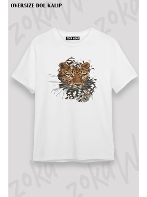 Unisex Oversize Kalıp 3D Leopar Illustrasyon Çizim Tasarım Baskılı Tshirt