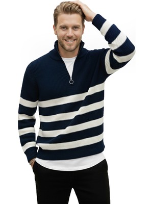 Deepsea Erkek Lacivert Yarım Fermuarlı Oversize Kesim Triko Kazak Pamuklu Yumuşak Örgü Çizgili Kazak 2608513