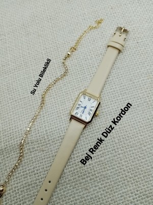 Quartz Kadın Kol Saati Vintage  Gold Kasa- Oval Model- Bej Kroko Desenli Kordon TT0054