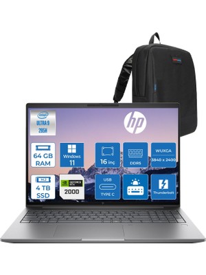 Hp Zbook x G1I Ultra 9 285H 64GB Ddr5 4tb SSD 8GB/RTXPRO2000 16" Wuxga Düşük Mavi Işık 300NIT %100 Srgb Windows 11 Pro Taşınabilir Iş Istasyonu CT0X0ESP24 + Zettaçanta