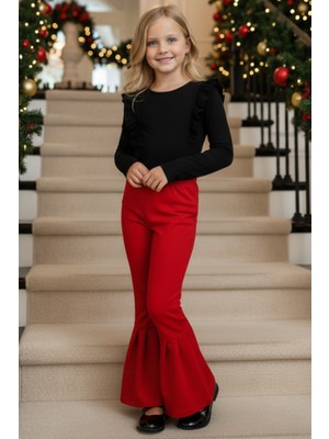 Parla Kids Kız Çocuk Kırmızı Ispanyol Paça Yüksek Bel Lastikli Tayt Pantolon