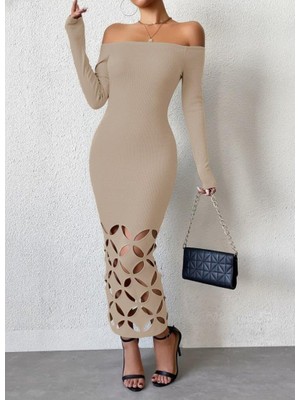 Mareandpanda Kadın Madonna Yaka Uzun Kollu Lazer çiçek Kesim Detaylı Uzun Ithal Krep Elbise