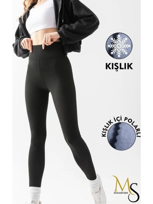 Modasform Kadın Siyah Kışlık Içi Polarlı Yüksek Bel Toparlayıcı Korseli Push-Up Günlük Tayt