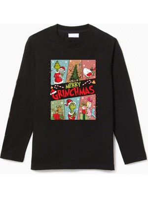 Efendioğlu Design Uzun Kollu 6 Foto Işıklı Merry Grinchmas Baskılı Yılbaşı Yeni Yıl Çocuk T-Shirt