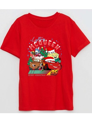 Efendioğlu Design Kısa Kollu Noel Arabaları Şimşek Baskılı Yeni Yıl Yılbaşı Için Pamuklu Çocuk T-Shirt