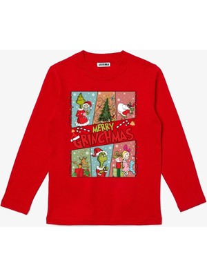 Efendioğlu Design Uzun Kollu 6 Foto Işıklı Merry Grinchmas Baskılı Yılbaşı Yeni Yıl Çocuk T-Shirt