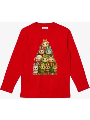 Efendioğlu Design Uzun Kollu Yılbaşı Ağacı Labub Baskılı Yeni Yıl Çocuk T-Shirt