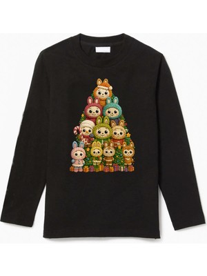 Efendioğlu Design Uzun Kollu Yılbaşı Ağacı Labub Baskılı Yeni Yıl Çocuk T-Shirt