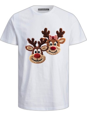 Efendioğlu Design 2 Geyik Nakış Görüntüsü Baskılı Kısa Kollu Yılbaşı Yeni Yıl Baskılı Pamuklu Çocuk Tişört