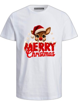 Efendioğlu Design Geyik Merry Christmas Baskılı Kısa Kollu Pamuklu Nakış Baskılı T-Shirt