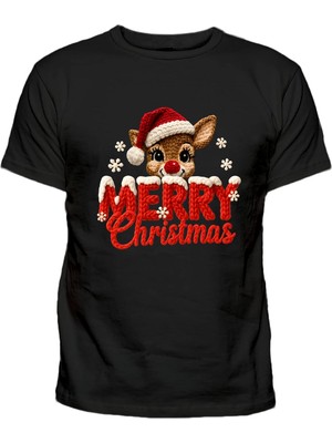 Efendioğlu Design Geyik Merry Christmas Baskılı Kısa Kollu Pamuklu Nakış Baskılı T-Shirt