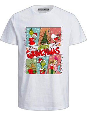 Efendioğlu Design 6 Foto Işıklı Merry Grinchmas Baskılı Yılbaşı Yeni Yıl Çocuk Kısa Kollu T-Shirt