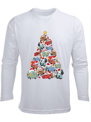 Efendioğlu Design Uzun Kollu Arabalardan Işıklı Mcqueen Yılbaşı Ağacı Baskılı Pamuklu Yeni Yıl Çocuk T-Shirt