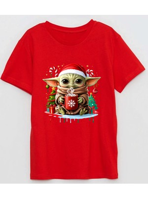 Efendioğlu Design Sevimli Noel Bebek Yoda Baskılı Yeni Yıl Yılbaşı Için Pamuklu Çocuk T-Shirt