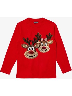 Efendioğlu Design Uzun Kollu 2 Geyik Nakış Görüntülü Baskılı Yılbaşı Yeni Yıl Baskılı Pamuklu Çocuk Tişört