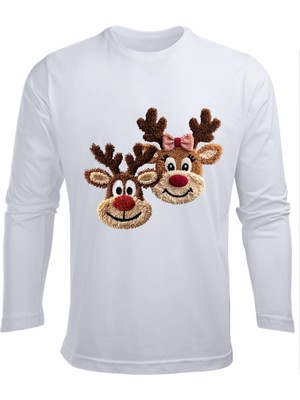 Efendioğlu Design Uzun Kollu 2 Geyik Nakış Görüntülü Baskılı Yılbaşı Yeni Yıl Baskılı Pamuklu Çocuk Tişört