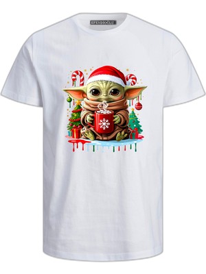 Efendioğlu Design Sevimli Noel Bebek Yoda Baskılı Yeni Yıl Yılbaşı Için Pamuklu Çocuk T-Shirt