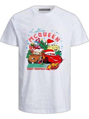 Efendioğlu Design Kısa Kollu Noel Arabaları Şimşek Baskılı Yeni Yıl Yılbaşı Için Pamuklu Çocuk T-Shirt