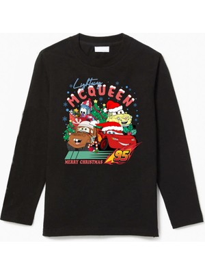 Efendioğlu Design Uzun Kollu Noel Arabaları Şimşek Baskılı Yeni Yıl Yılbaşı Için Pamuklu Çocuk T-Shirt