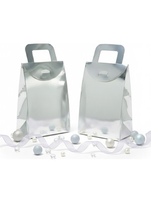 Repro Design Gümüş Metalize 10 x 15 x 5,5cm Büyük Boy Çanta Model Hediyelik,  Kına Çerez ve Hediye Kutusu 10 Adet