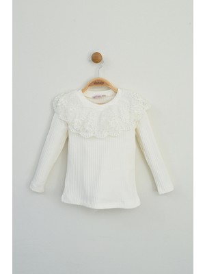 Zubi Baby & Kids Wear Kız Çocuk Krem Rengi Fitilli Örme Dantel Yaka Uzun Kollu Badi