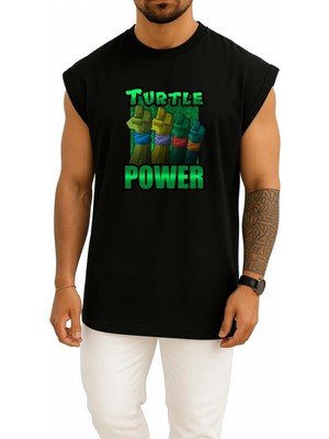 Bahriyeli Collection Oversize Ninja Kaplumbağalar Kaplumbağa Gücü Göğüs Baskılı Atlet