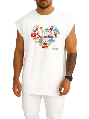 Bahriyeli Collection Oversize Isviçre Ülkesi ve Kalp Logo Göğüs Baskılı Atlet