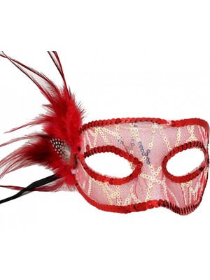 Marsilyan- Kırmızı Yandan Tüylü Payetli Parti Maskesi