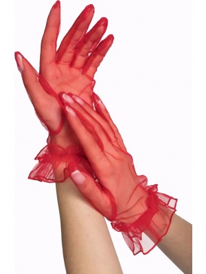 Marsilyan- Kısa Boy Likralı Güpürlü Yetişkin Tül Eldiven Kırmızı Renk