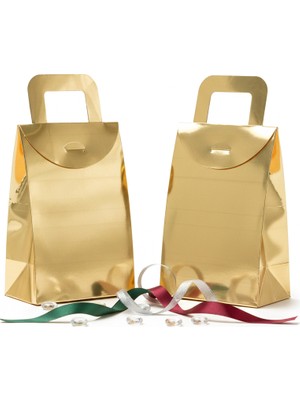 Repro Design Gold Metalize 10 x 15 x 5,5 cm Büyük Boy Çanta Model Hediyelik,  Kına Çerez ve Hediye Kutusu 10 Adet