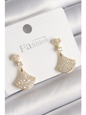 Belle Fusion Bfs Pirinç Gold Renk Zirkon Taşlı Motif Model Kadın Küpe