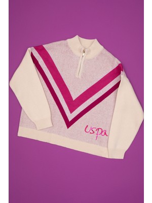 U.S. Polo Assn. Kız Çocuk Krem Yarım Fermuarlı Kazak 50314334-VR256