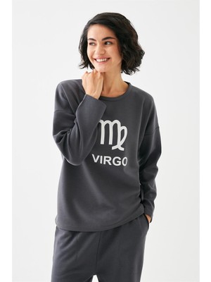 Moda Serdem Modaserdem  Kadın Füme Başak Burcu Oversize 2 Iplik Eşofman Ev Giyim Takımı