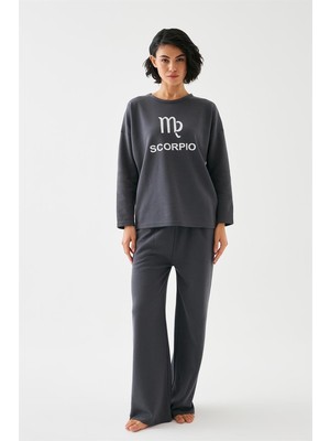 Modaserdem  Kadın Füme Akrep Burcu Oversize 2 Iplik Eşofman Ev Giyim Takımı