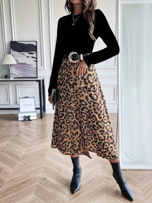 La Mode Istanbul Kadın Uzun Kollu Bisiklet Yaka Ithal Krep Bluz Alt Desenli Modal Midi Elbise