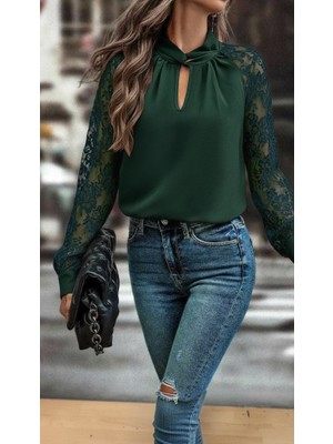 Tua Moda Kadın Uzun Kollu Göğüs Pencere Detay Yaka Boğazlı Kolları Tüllü Sandy Bluz