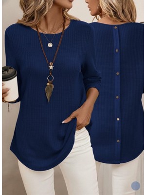Gökyüzü Moda Kadın Uzun Kollu Yuvarlak Yaka Arkadan Düğmeli Waffle Bluz