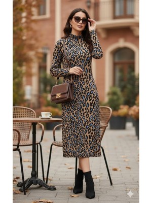 La Mode Istanbul Kadın Uzun Kollu Balıkçı Yaka Leopar Desenli Midi Boy Elbise