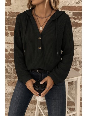 Giyimodam Kadın Uzun Kollu Kapşonlu Önü Düğmeli ve Bağcıklı Waffle Bluz
