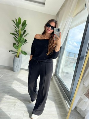 La Mode Istanbul Kadın Uzun Kollu Tek Omuzdan Açık Modal Bluz ve Pantolon Ikili Takım