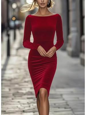 Evyora Kadın Uzun Kollu Kayık Yaka Mini Kadife Elbise