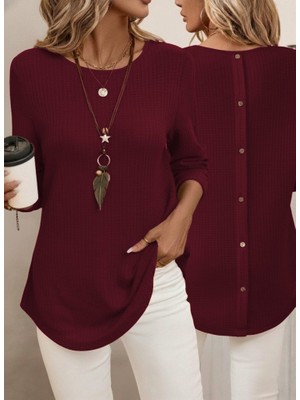 Aisha Elbise Kadın Uzun Kollu Yuvarlak Yaka Arkadan Düğmeli Waffle Bluz