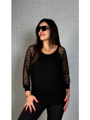 Nidam Butik Kadın Yarasa Kol Puantiyeli Tül Detay Bluz