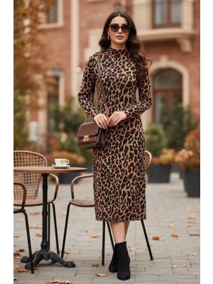 Ahes Shopping Kadın Uzun Kollu Balıkçı Yaka Leopar Desenli Midi Boy Elbise