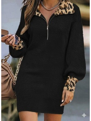 Gökyüzü Moda Kadın Uzun Kollu Yakalı Önden Fermuarlı Leopar Detaylı Mini Peluş Elbise