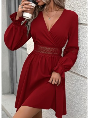 Arben Boutique Kadın Uzun Kollu Kruvaze Yakalı Dantelli Fermuar Detaylı Mini Ithal Krep Elbise